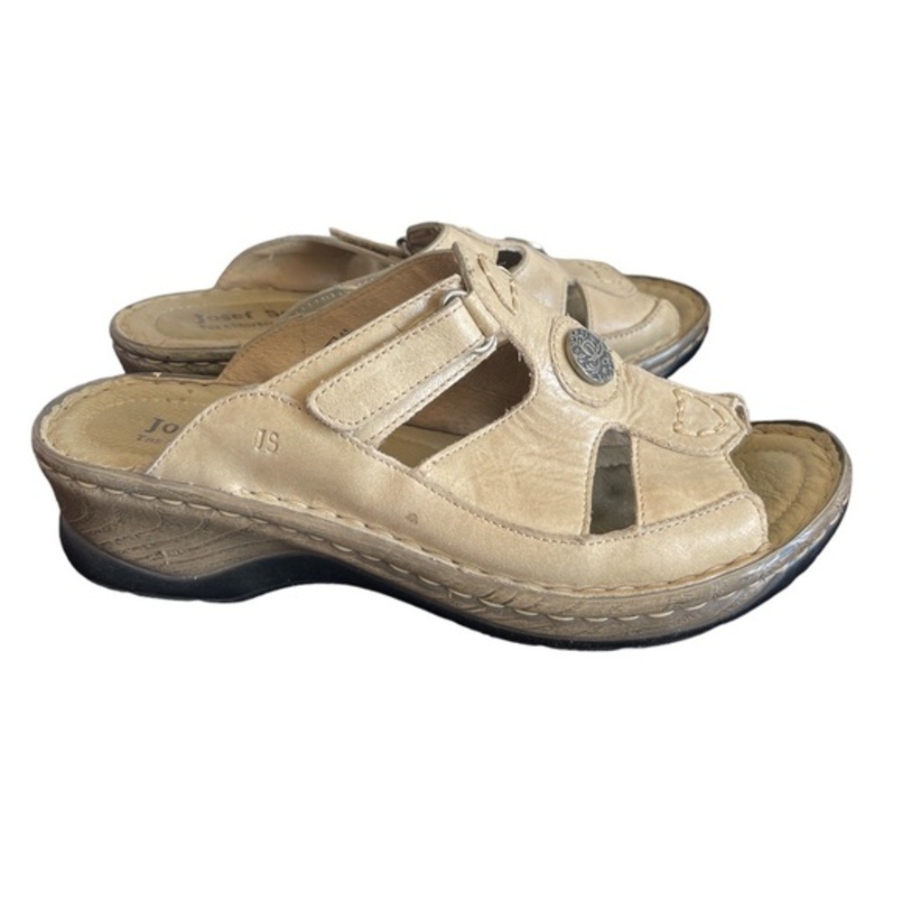 Josef Seibel Rosalie Sandals Womens 9 40 Tan Leather Slide Wedge Comfort EUC